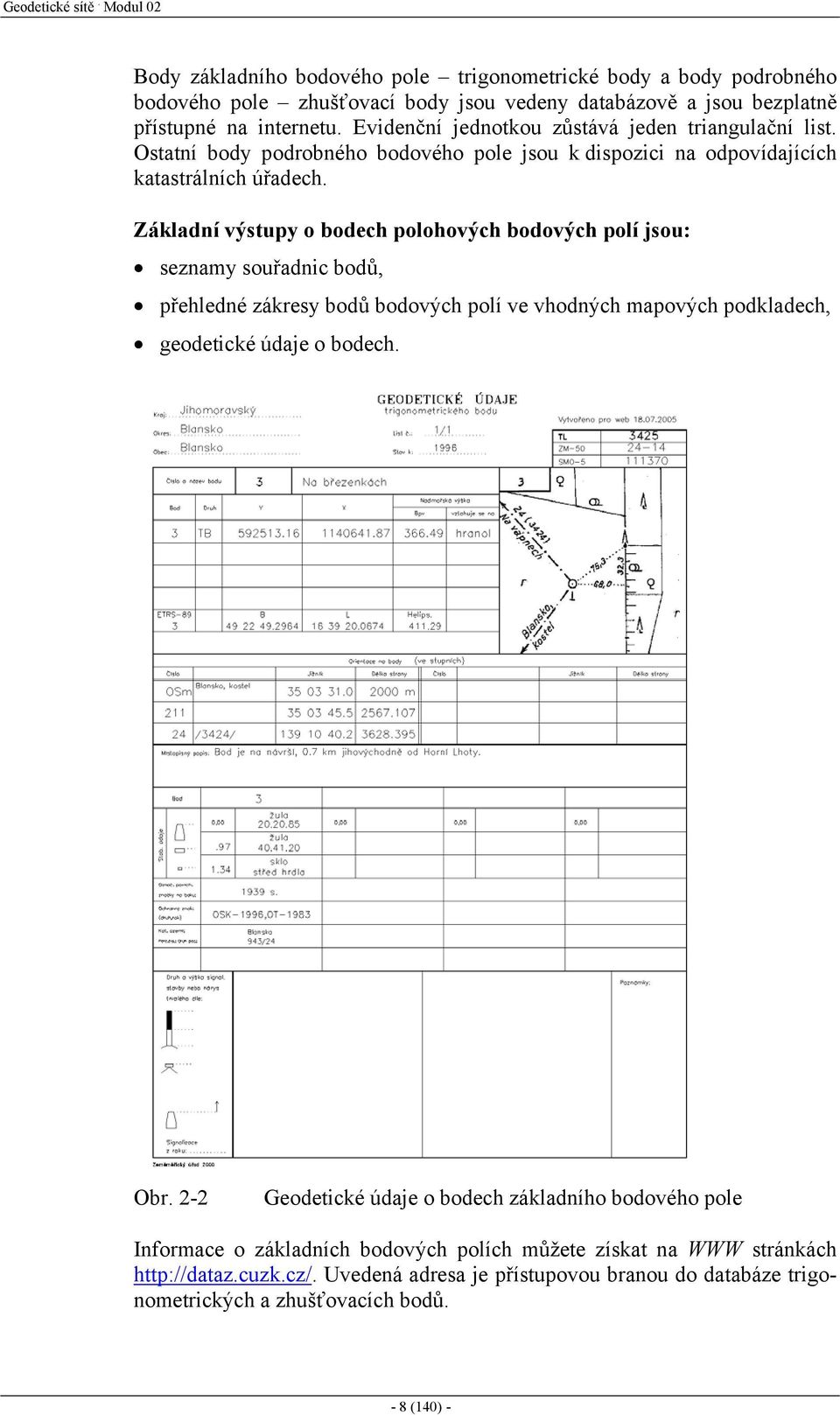 ákladní ýstup o bodech polohoých bodoých polí sou: sena souřadnc bodů přehledné ákres bodů bodoých polí e hodných apoých podkladech eodetcké údae o bodech. Obr.