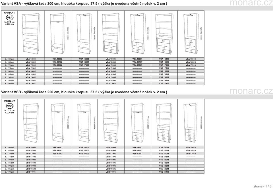VSA 18005 VSA 18505 VSA 19005 VSA 19505 VSA 11005 VSA 16007 VSA 16507 VSA 17007 Variant VSB - výšková øada 220 cm, hloubka korpusu 37.5 ( výška je uvedena vèetnì nožek v. 2 cm ) monarc.