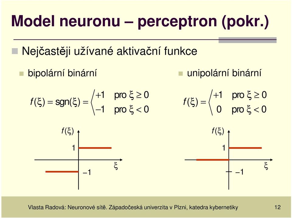 binární + pro ξ 0 f ( ξ ) = sgn( ξ ) = pro ξ < 0 f ( ξ) f ( ξ ) = +