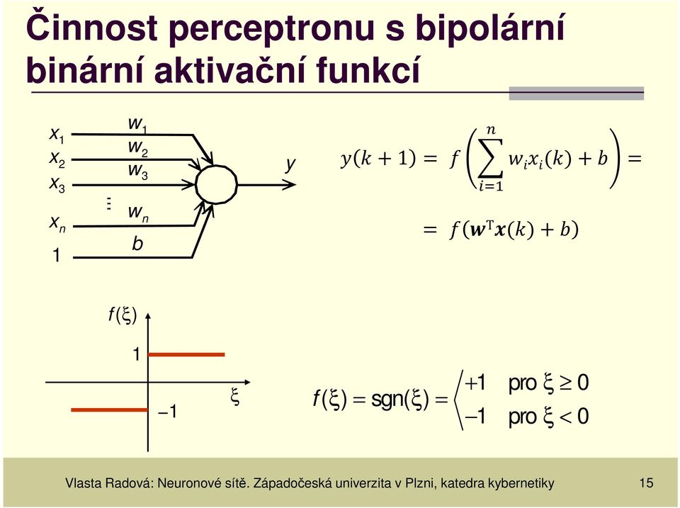 ξ 0 f ( ξ ) = sgn( ξ ) = pro ξ < 0 Vlasta Radová: Neuronové