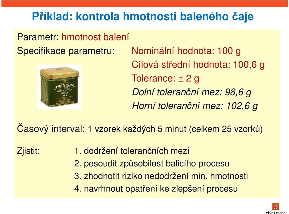 g Časový interval: 1 vzorek každých 5 minut (celkem 25 vzorků) Zjistit: 1. dodržení tolerančních mezí 2.