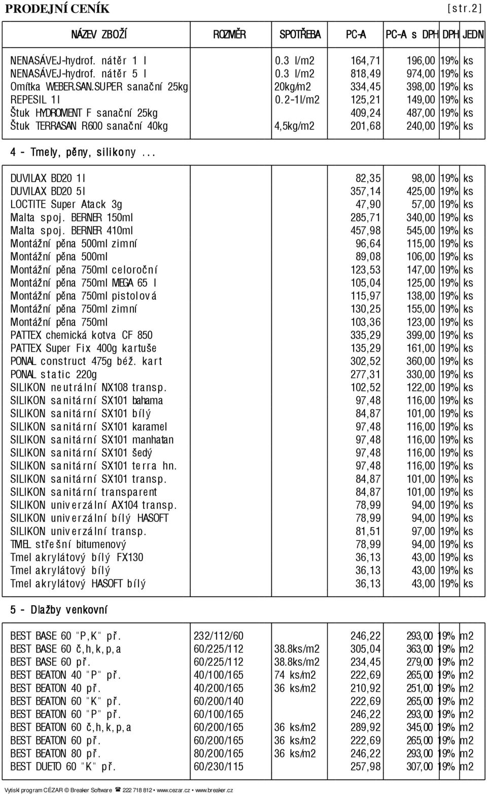 2-1l/m2 125,21 149,00 19% ks Štuk HYDROMENT F sanační 25kg 409,24 487,00 19% ks Štuk TERRASAN R600 sanační 40kg 4,5kg/m2 201,68 240,00 19% ks 4 - Tmely, pěny, silikony.