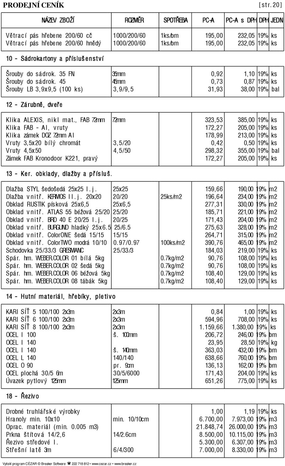 , FAB72mm 72mm 323,53 385,00 19%ks Klika FAB - Al, vruty 172,27 205,00 19%ks Klika zámek DOZ72mmAl 178,99 213,00 19%ks Vruty 3,5x20 bílý chromát 3,5/20 0,42 0,50 19%ks Vruty 4, 5x50 4, 5/50 298,32