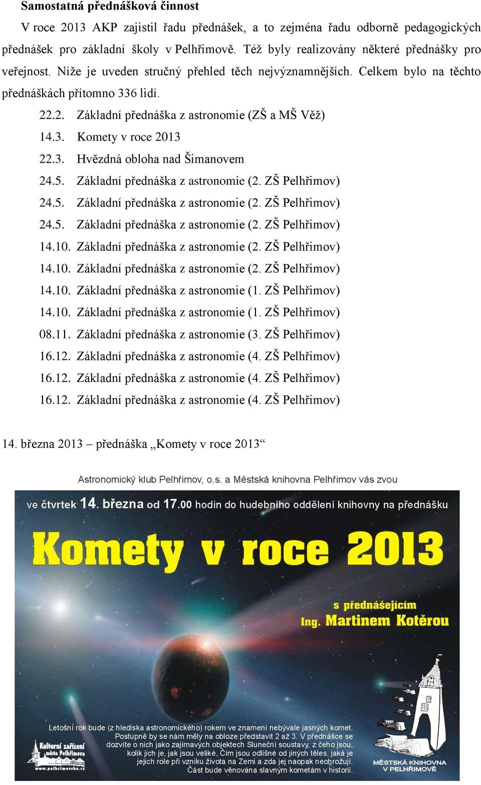 .2. Základní přednáška z astronomie (ZŠ a MŠ Věž) 14.3. Komety v roce 2013 22.3. Hvězdná obloha nad Šimanovem 24.5. Základní přednáška z astronomie (2. ZŠ Pelhřimov) 24.5. Základní přednáška z astronomie (2. ZŠ Pelhřimov) 24.5. Základní přednáška z astronomie (2. ZŠ Pelhřimov) 14.