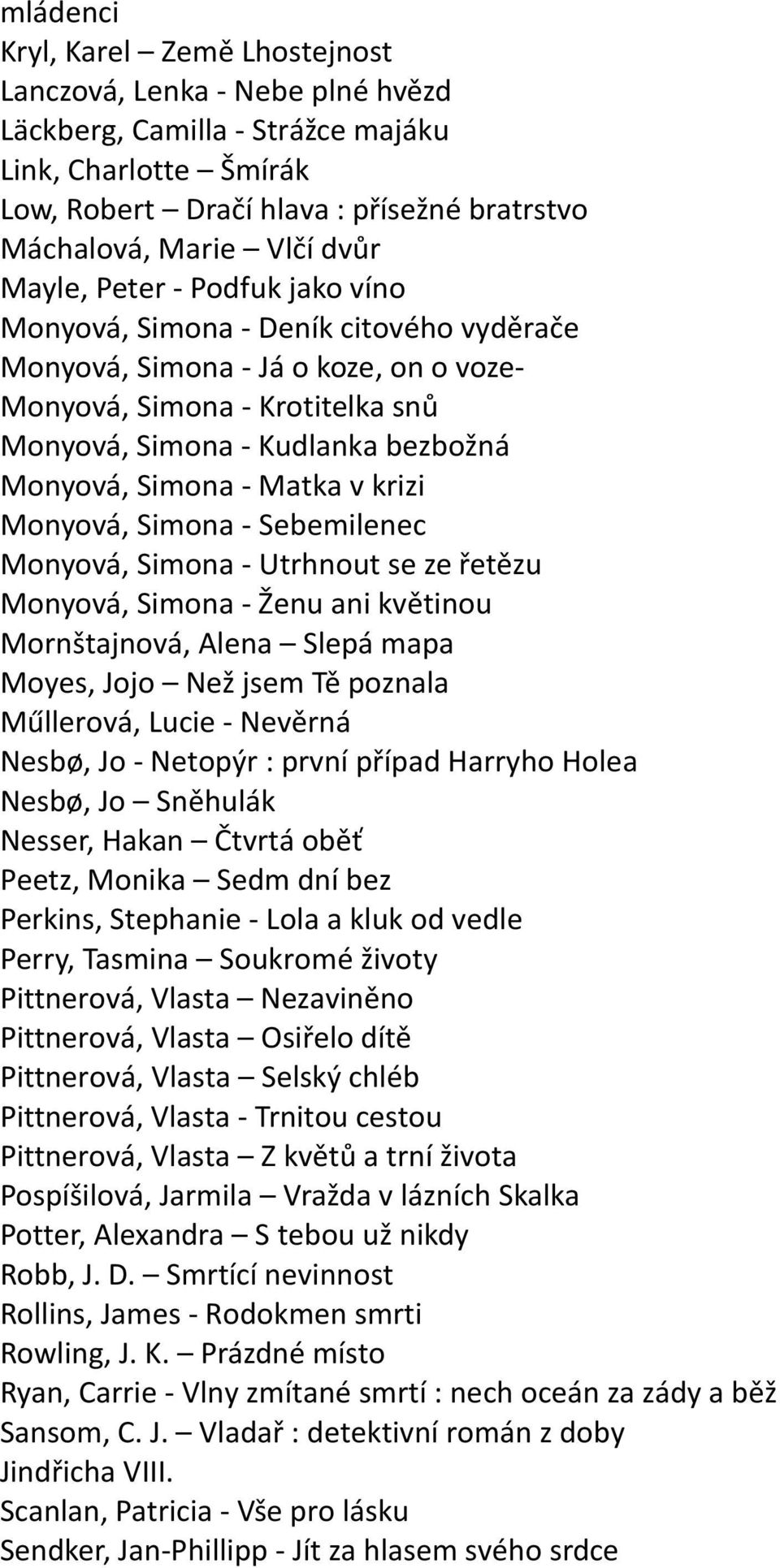 Simona - Matka v krizi Monyová, Simona - Sebemilenec Monyová, Simona - Utrhnout se ze řetězu Monyová, Simona - Ženu ani květinou Mornštajnová, Alena Slepá mapa Moyes, Jojo Než jsem Tě poznala