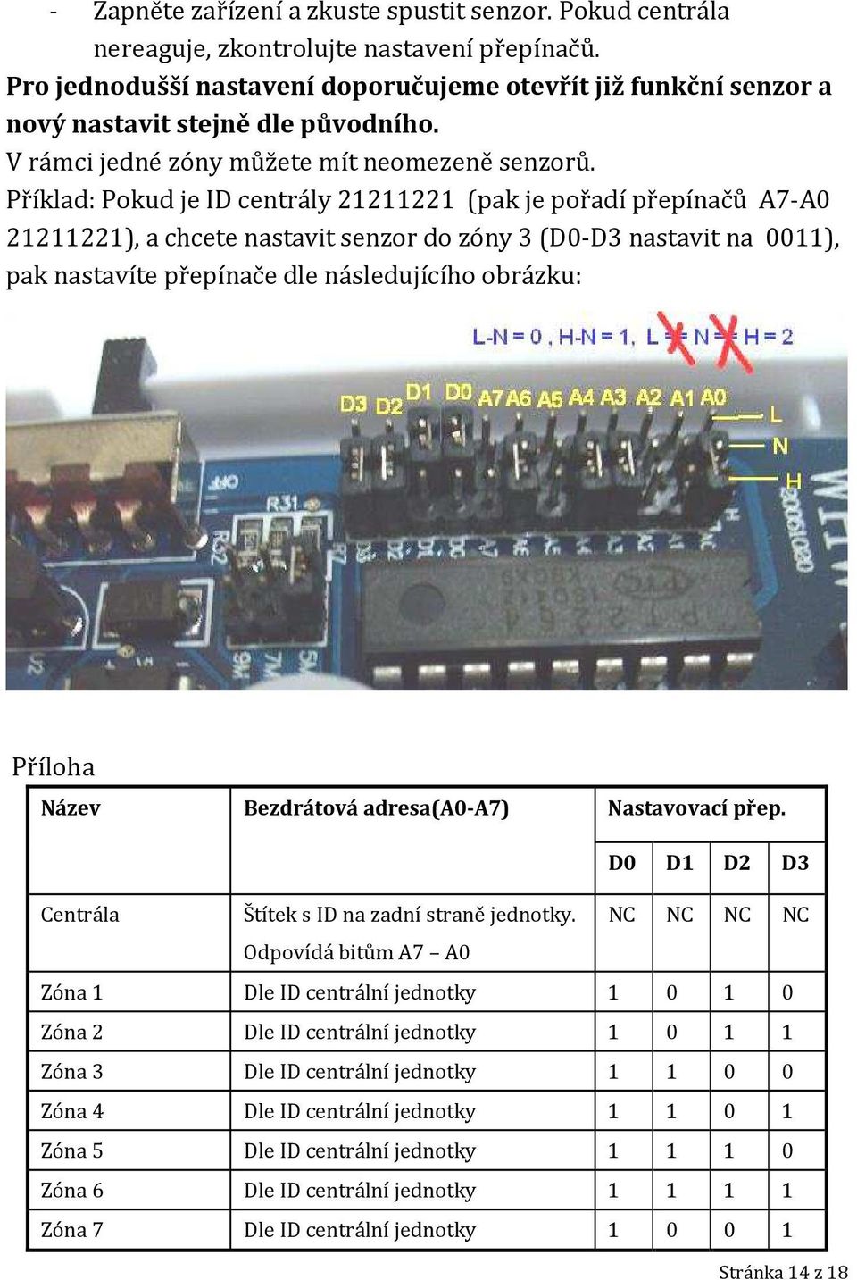 Příklad: Pokud je ID centrály 21211221 (pak je pořadí přepínačů A7-A0 21211221), a chcete nastavit senzor do zóny 3 (D0-D3 nastavit na 0011), pak nastavíte přepínače dle následujícího obrázku: