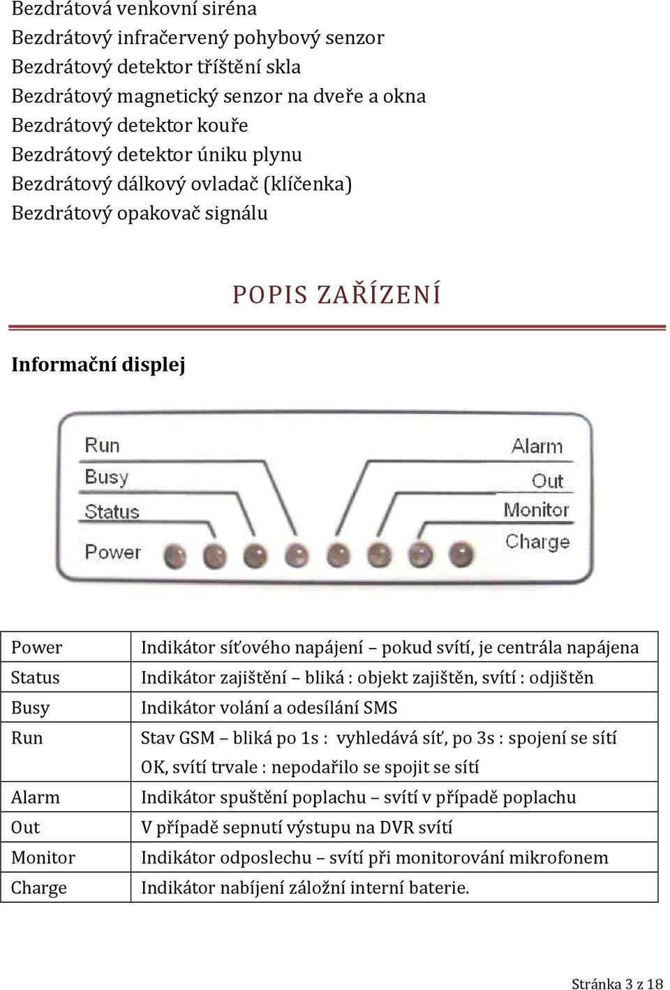 centrála napájena Indikátor zajištění bliká : objekt zajištěn, svítí : odjištěn Indikátor volání a odesílání SMS Stav GSM bliká po 1s : vyhledává síť, po 3s : spojení se sítí OK, svítí trvale :