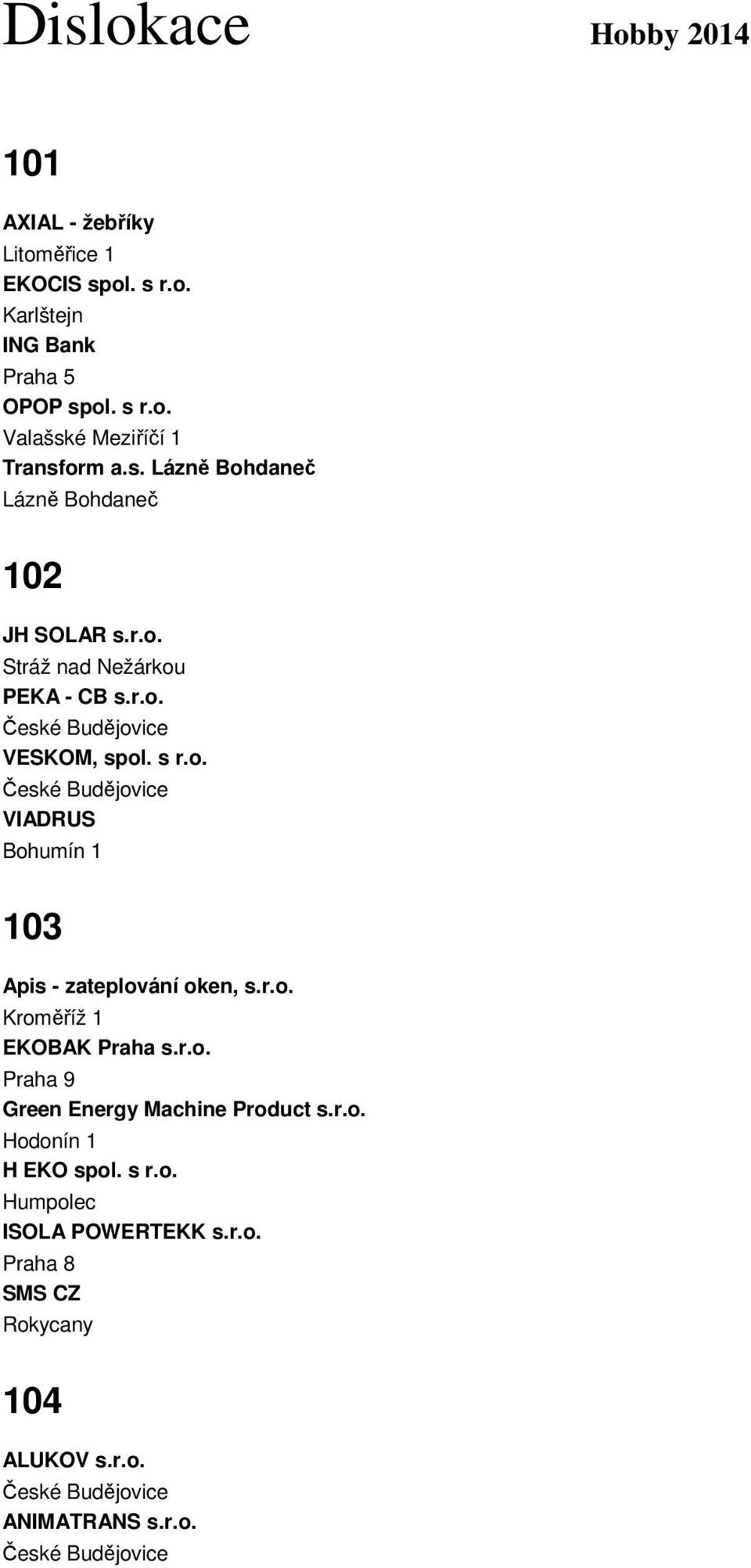 r.o. Kroměříž 1 EKOBAK Praha s.r.o. Praha 9 Green Energy Machine Product s.r.o. Hodonín 1 H EKO spol. s r.o. Humpolec ISOLA POWERTEKK s.