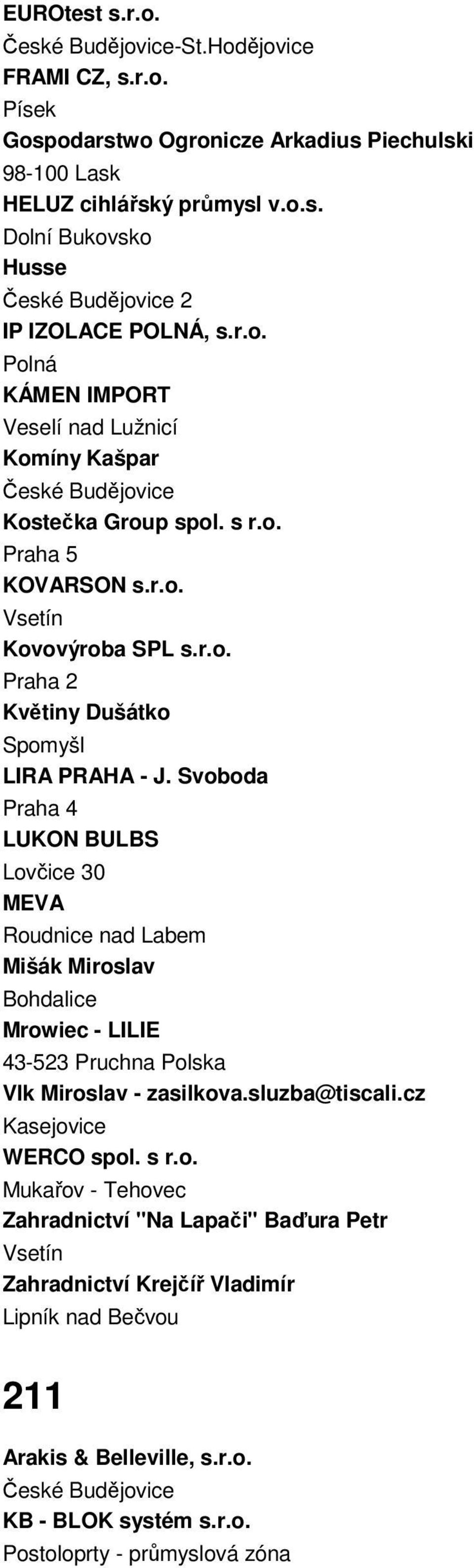 Svoboda LUKON BULBS Lovčice 30 MEVA Roudnice nad Labem Mišák Miroslav Bohdalice Mrowiec - LILIE 43-523 Pruchna Polska Vlk Miroslav - zasilkova.sluzba@tiscali.cz Kasejovice WERCO spol. s r.