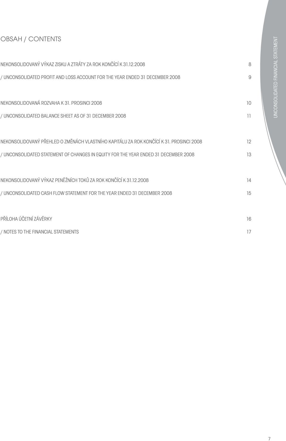 PROSINCI 2008 10 / UNCONSOLIDATED BALANCE SHEET AS OF 31 DECEMBER 2008 11 UNCONSOLIDATED FINANCIAL STATEMENT NEKONSOLIDOVANÝ PŘEHLED O ZMĚNÁCH VLASTNÍHO KAPITÁLU ZA ROK