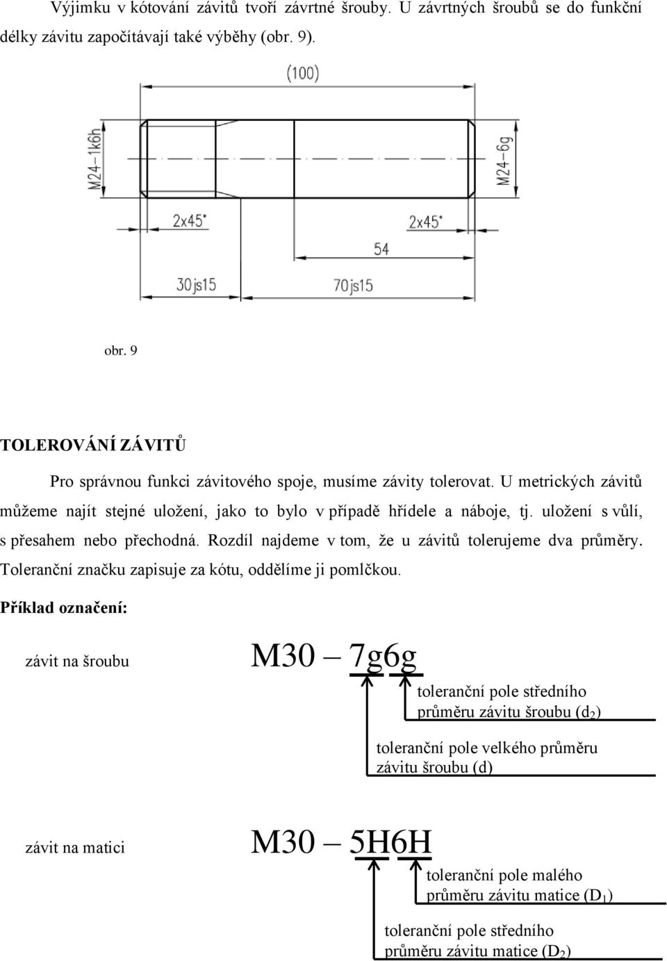 uložení s vůlí, s přesahem nebo přechodná. Rozdíl najdeme v tom, že u závitů tolerujeme dva průměry. Toleranční značku zapisuje za kótu, oddělíme ji pomlčkou.