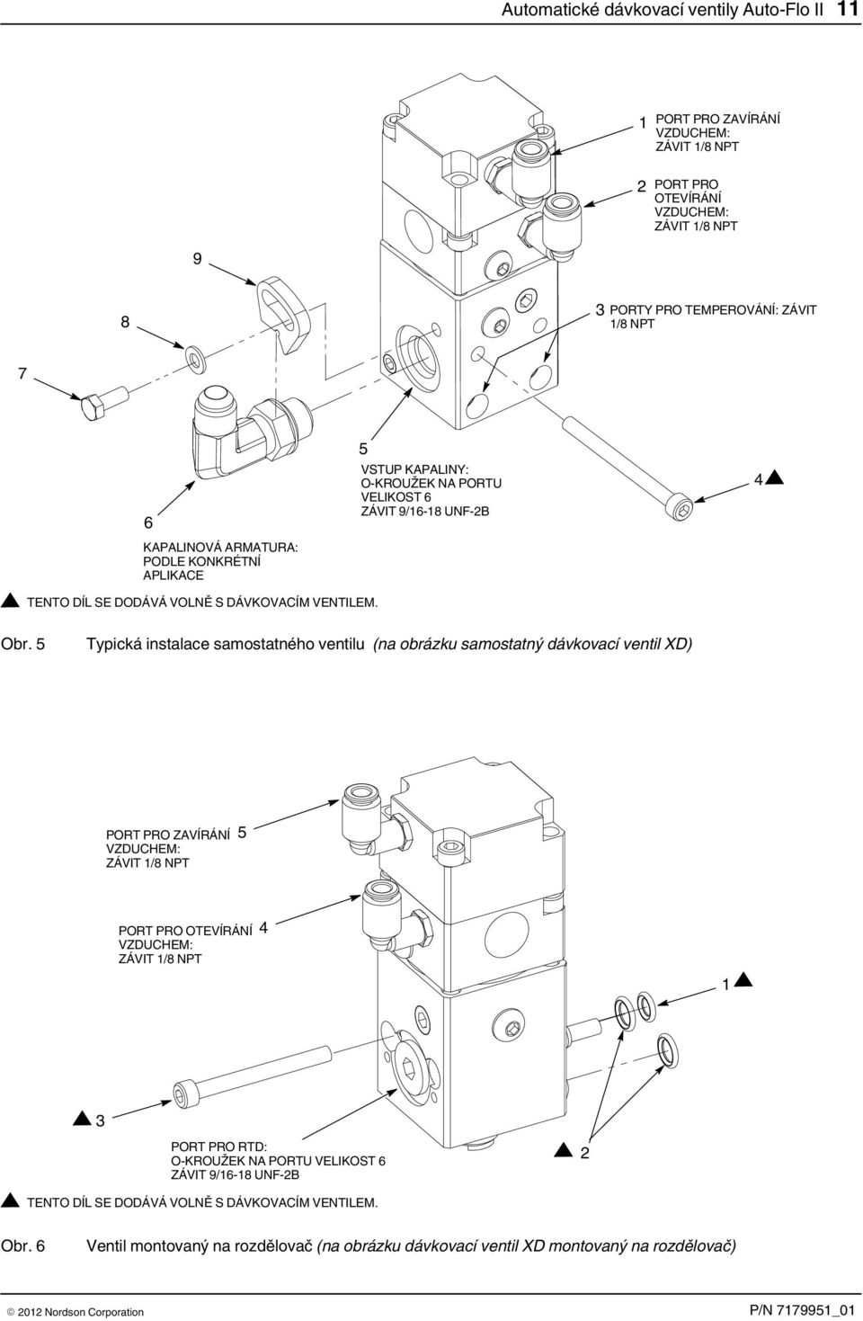 5 Typická instalace samostatného ventilu (na obrázku samostatný dávkovací ventil XD) PORT PRO ZAVÍRÁNÍ VZDUCHEM: ZÁVIT 1/8 NPT 5 PORT PRO OTEVÍRÁNÍ VZDUCHEM: ZÁVIT 1/8 NPT 4 1 3 PORT PRO RTD: