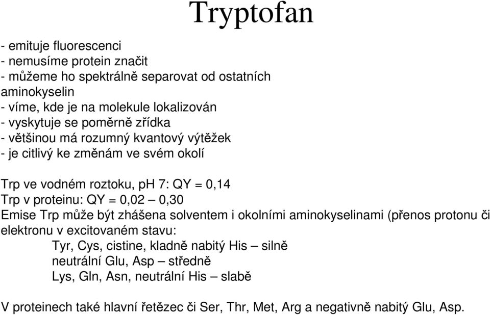 QY = 0,02 0,30 Emise Trp může být zhášena solventem i okolními aminokyselinami (přenos protonu či elektronu v excitovaném stavu: Tyr, Cys, cistine, kladně