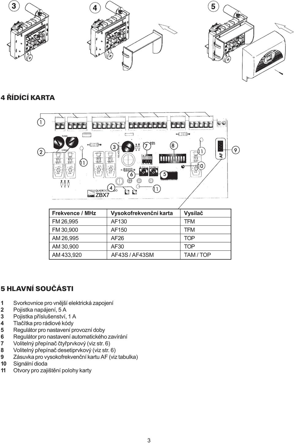 pro rádiové kódy 5 Regulátor pro nastavení provozní doby 6 Regulátor pro nastavení automatického zavírání 7 Volitelný pøepínaè ètyøprvkový (viz str.