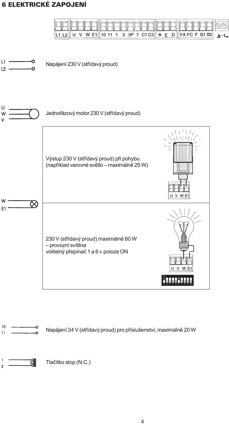 230 V (støídavý proud) maximálnì 60 W provozní svítilna volitelný pøepínaè 1 a 6 v poloze