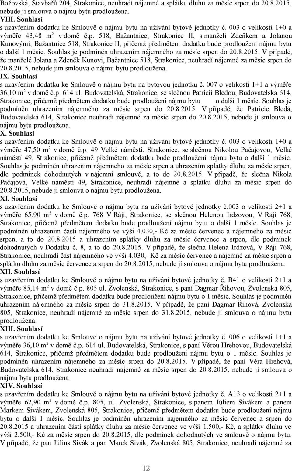 518, Bažantnice, Strakonice II, s manželi Zdeňkem a Jolanou Kunovými, Bažantnice 518, Strakonice II, přičemž předmětem dodatku bude prodloužení nájmu bytu o další 1 měsíc.