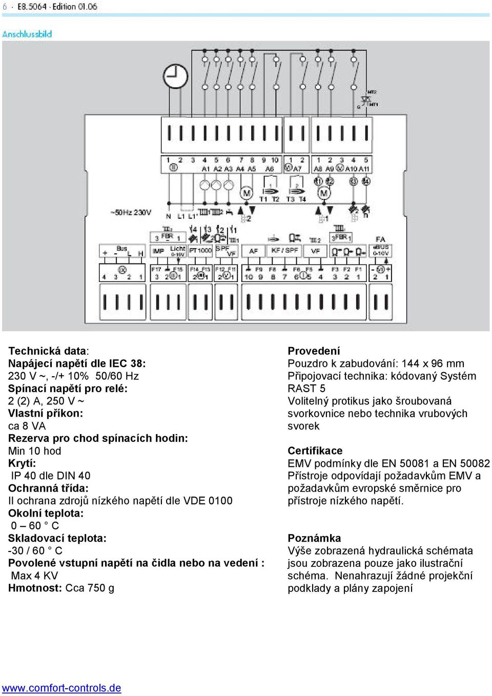g Provedení Pouzdro k zabudování: 144 x 96 mm Připojovací technika: kódovaný Systém RAST 5 Volitelný protikus jako šroubovaná svorkovnice nebo technika vrubových svorek Certifikace EMV podmínky dle