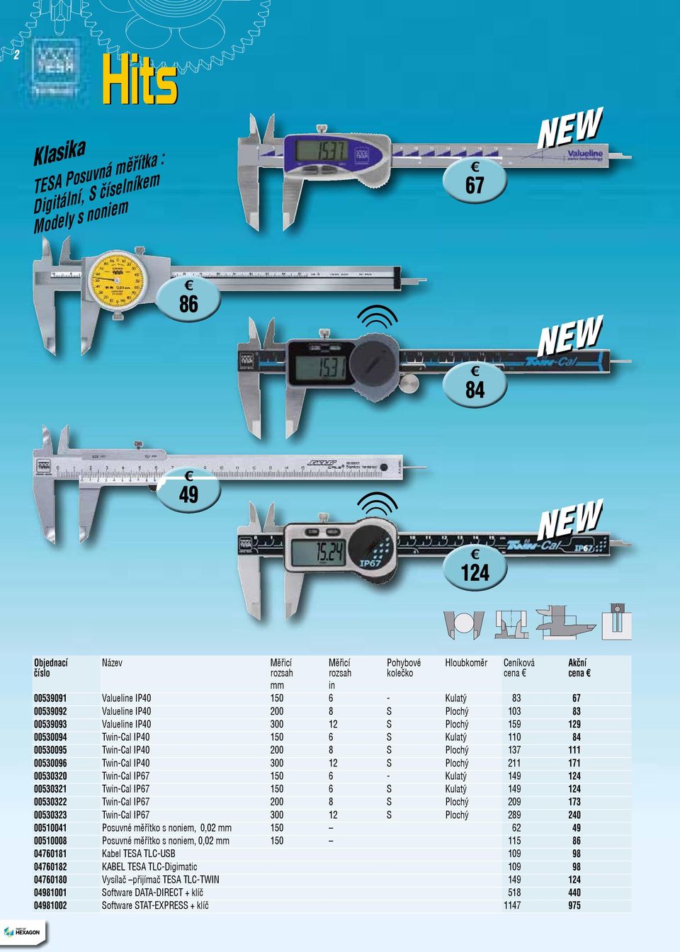 00530321 Twin-Cal IP67 150 6 S Kulatý 00530322 Twin-Cal IP67 200 8 S Plochý 00530323 Twin-Cal IP67 300 12 S Plochý 00510041 Posuvné měřítko s noniem, 0,02 mm 150 00510008 Posuvné měřítko s noniem,