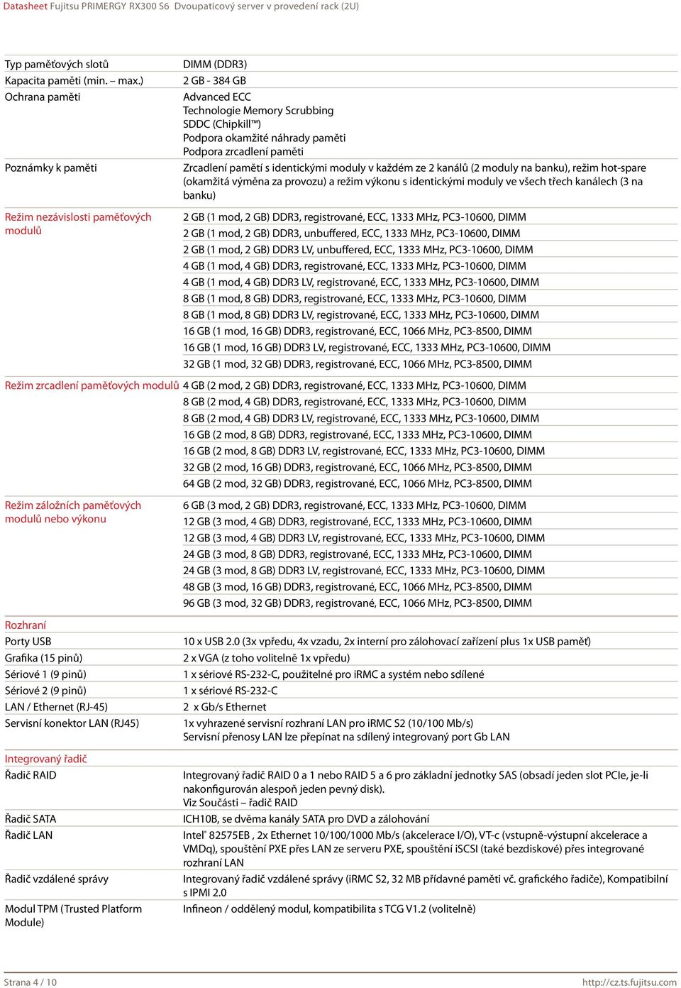 zrcadlení paměti Zrcadlení pamětí s identickými moduly v každém ze 2 kanálů (2 moduly na banku), režim hot-spare (okamžitá výměna za provozu) a režim výkonu s identickými moduly ve všech třech