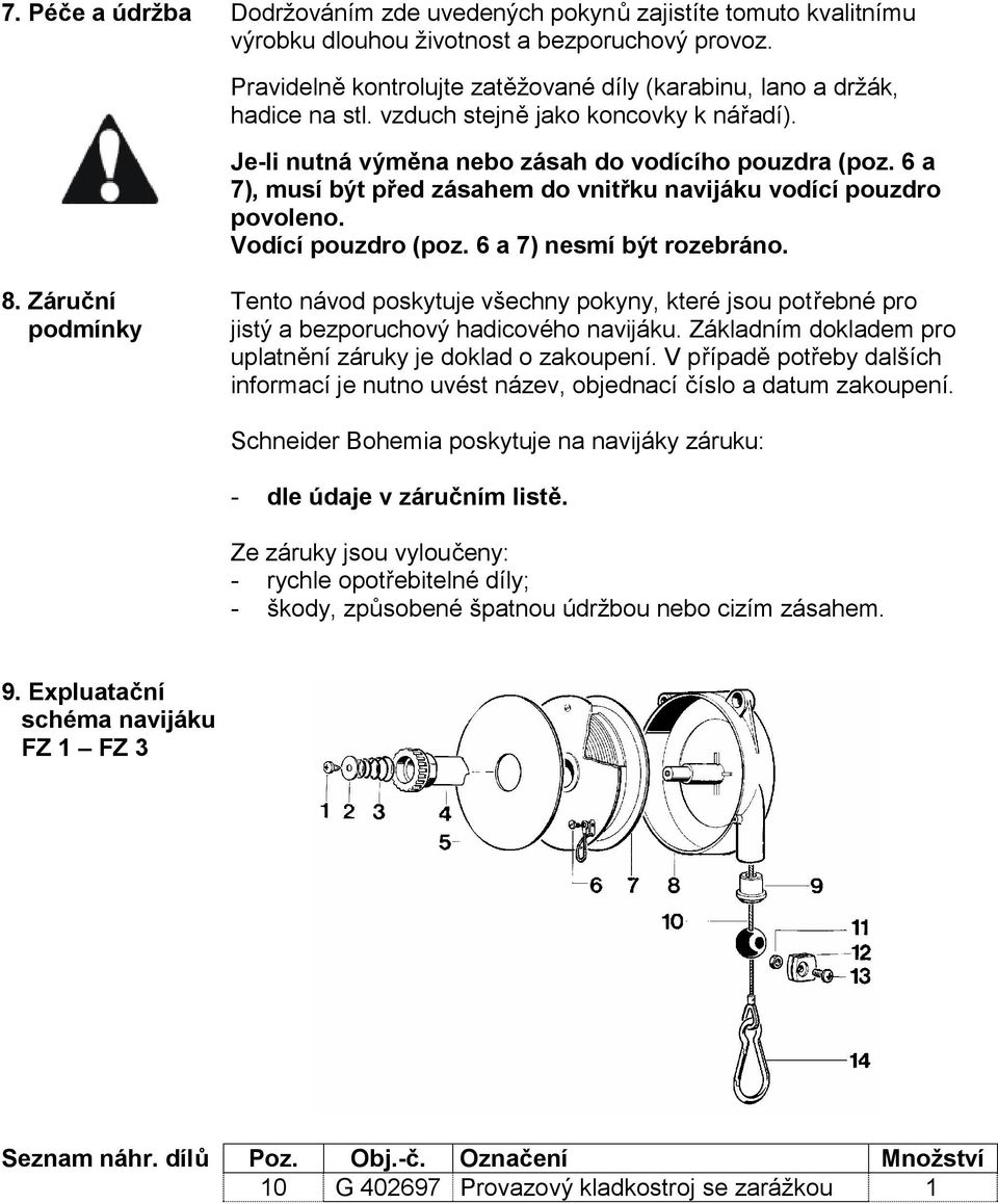 6 a 7), musí být před zásahem do vnitřku navijáku vodící pouzdro povoleno. Vodící pouzdro (poz. 6 a 7) nesmí být rozebráno. 8.