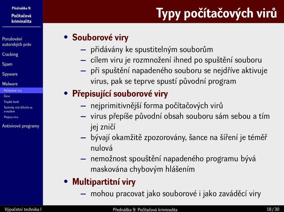 nejprimitivnější forma počítačových virů virus přepíše původní obsah souboru sám sebou a tím jej zničí bývají okamžitě zpozorovány, šance na šíření je téměř nulová