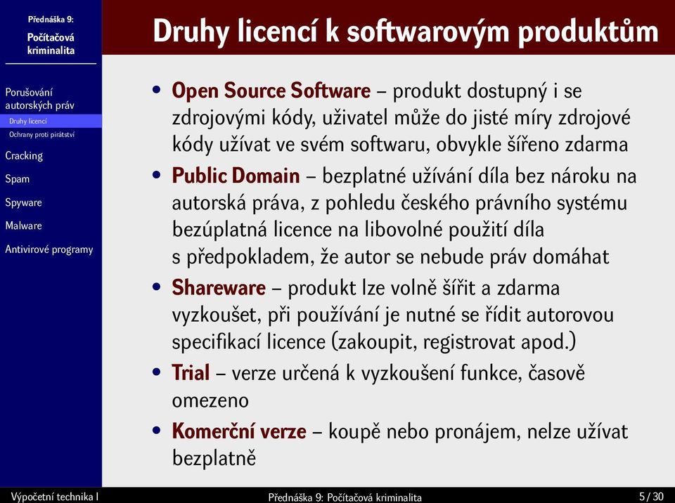 libovolné použití díla s předpokladem, že autor se nebude práv domáhat Shareware produkt lze volně šířit a zdarma vyzkoušet, při používání je nutné se řídit autorovou specifikací