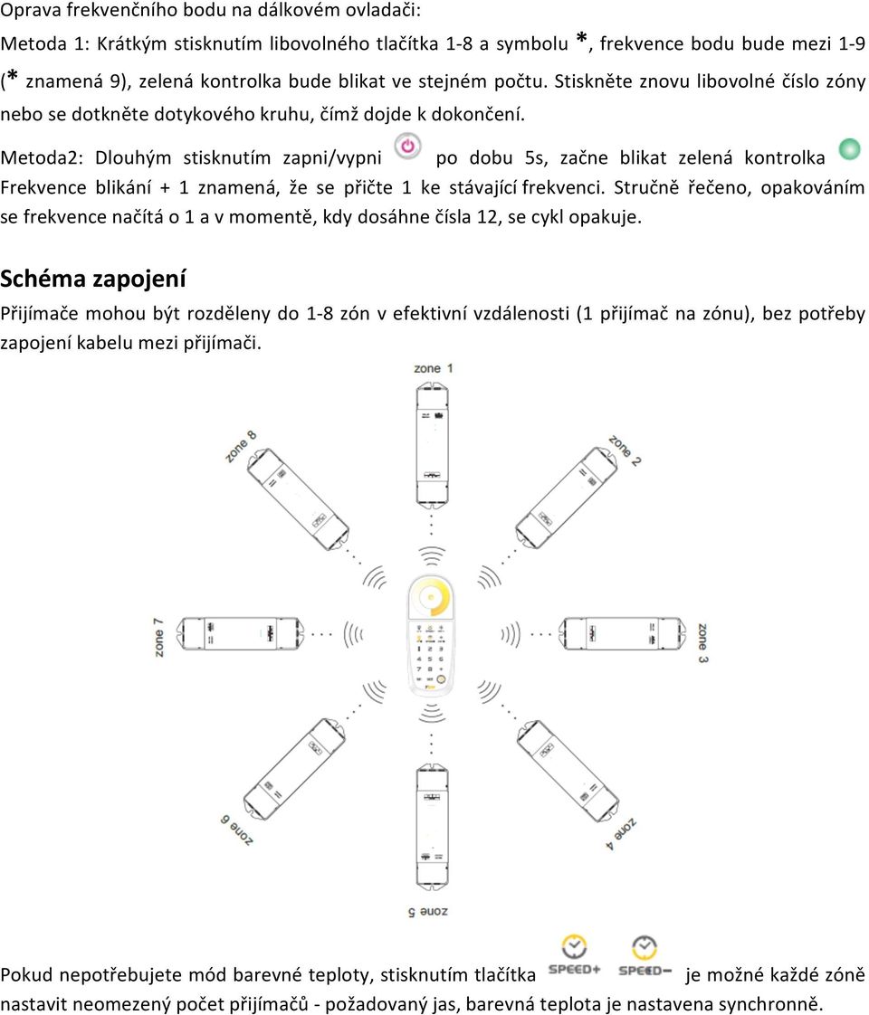 Metoda2: Dlouhým stisknutím zapni/vypni po dobu 5s, začne blikat zelená kontrolka Frekvence blikání + 1 znamená, že se přičte 1 ke stávající frekvenci.