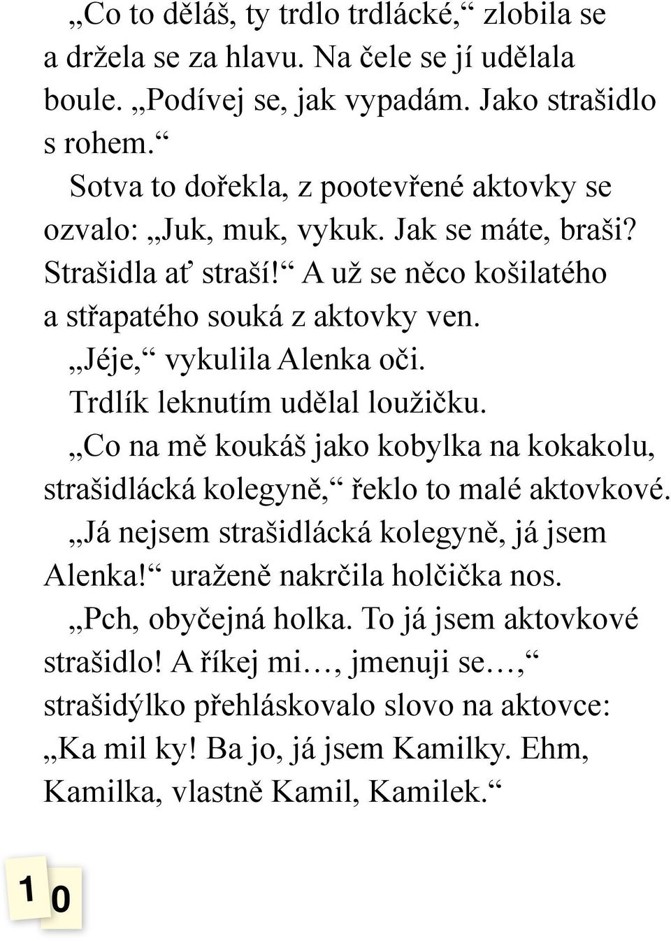 Jéje, vykulila Alenka oči. Trdlík leknutím udělal loužičku. Co na mě koukáš jako kobylka na kokakolu, strašidlácká kolegyně, řeklo to malé aktovkové.