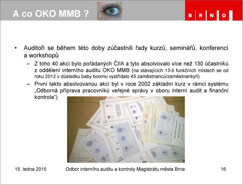 více než 130 účastníků z oddělení interního auditu OKO MMB (na stávajících 13-ti funkčních místech se od roku 2012 v důsledku baby boomu