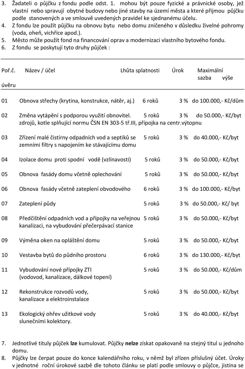 sjednanému účelu. 4. Z fondu lze použít půjčku na obnovu bytu nebo domu zničeného v důsledku živelné pohromy (voda, oheň, vichřice apod.). 5.