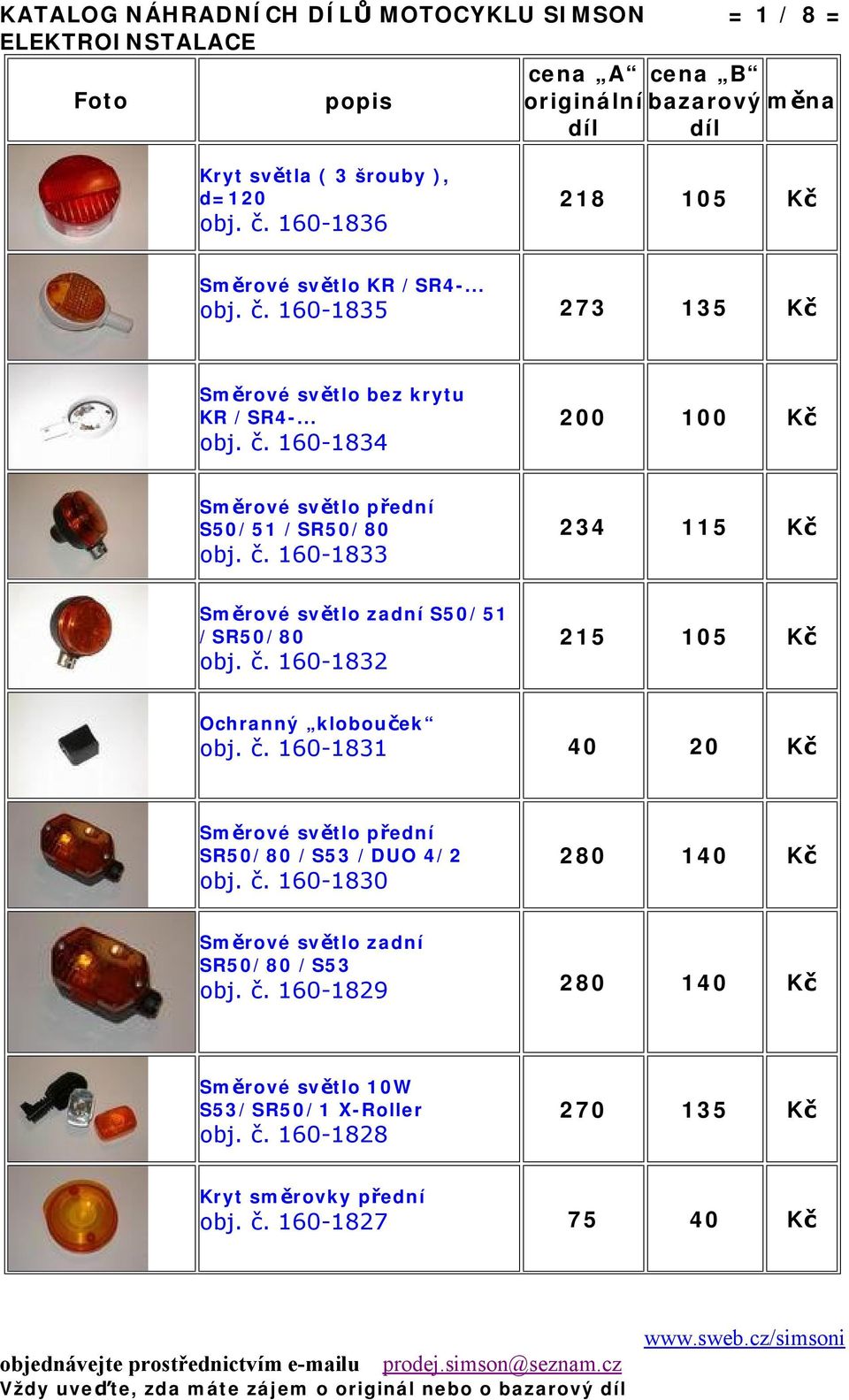 č. 160-1831 40 20 Kč Směrové světlo přední SR50/80 /S53 /DUO 4/2 obj. č. 160-1830 280 140 Kč Směrové světlo zadní SR50/80 /S53 obj. č. 160-1829 280 140 Kč Směrové světlo 10W S53/SR50/1 X-Roller obj.