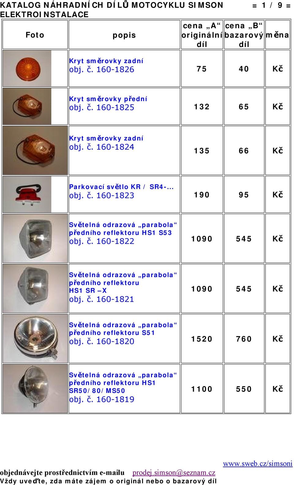 č. 160-1821 1090 545 Kč Světelná odrazová parabola předního reflektoru S51 obj. č.