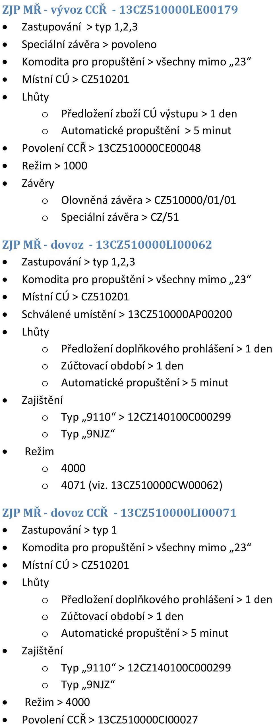 umístění > 13CZ510000AP00200 Předlžení dplňkvéh prhlášení > 1 den Zúčtvací bdbí > 1 den Autmatické prpuštění > 5 minut Zajištění Typ 9110 > 12CZ140100C000299 Typ 9NJZ Režim 4000 4071 (viz.