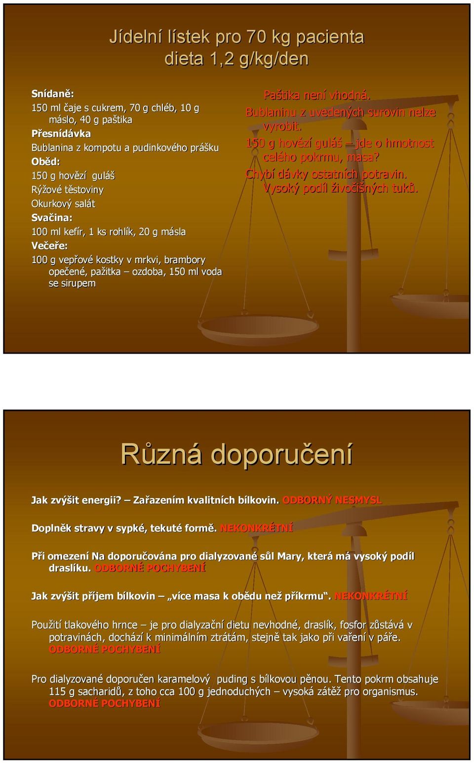 Paštika není vhodná. Bublaninu z uvedených surovin nelze vyrobit. 150 g hovězí guláš jde o hmotnost celého pokrmu, masa? Chybí dávky ostatních potravin. Vysoký podíl živočišných tuků.