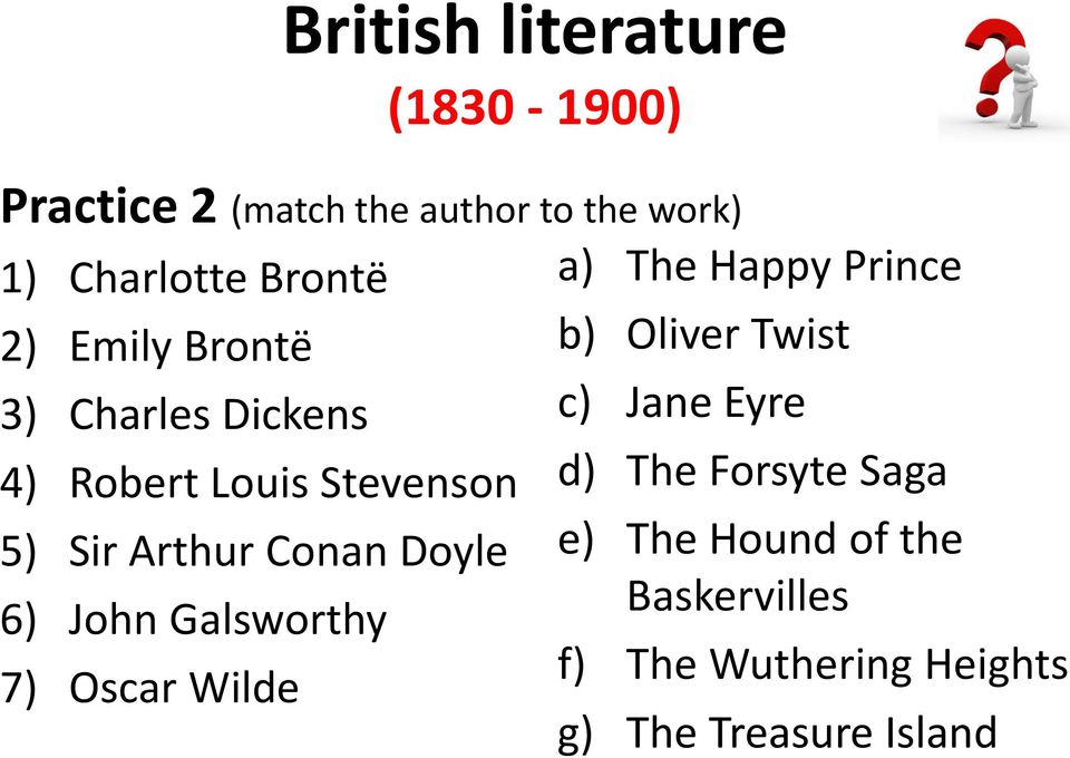 Galsworthy 7) Oscar Wilde a) The Happy Prince b) Oliver Twist c) Jane Eyre d) The