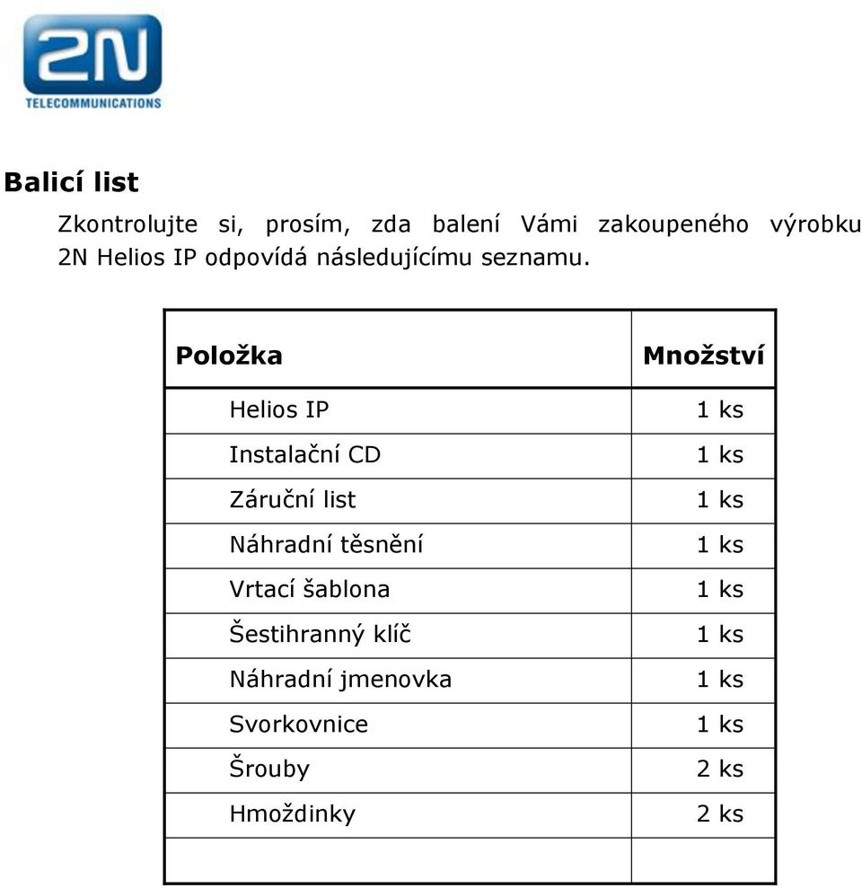 Položka Helios IP Instalační CD Záruční list Náhradní těsnění Vrtací šablona