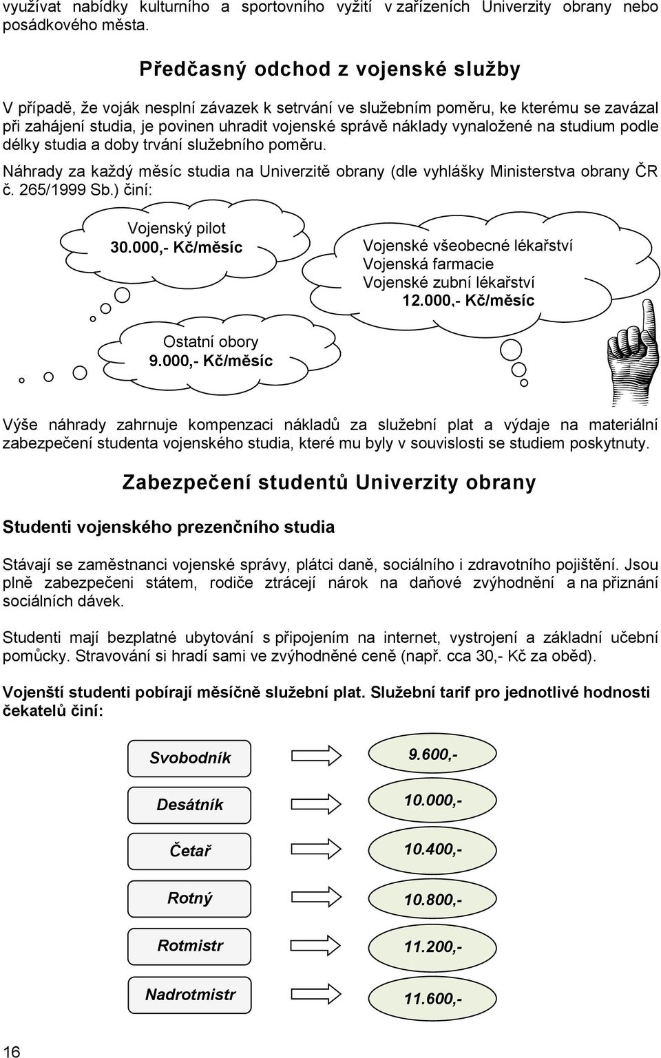 na studium podle délky studia a doby trvání služebního poměru. Náhrady za každý měsíc studia na Univerzitě obrany (dle vyhlášky Ministerstva obrany ČR č. 265/1999 Sb.) činí: Vojenský pilot 30.