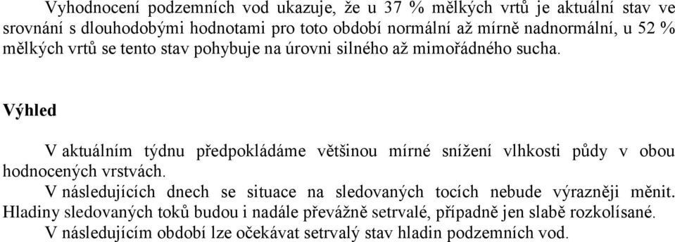 Výhled V aktuálním týdnu předpokládáme většinou mírné snížení vlhkosti půdy v obou hodnocených vrstvách.