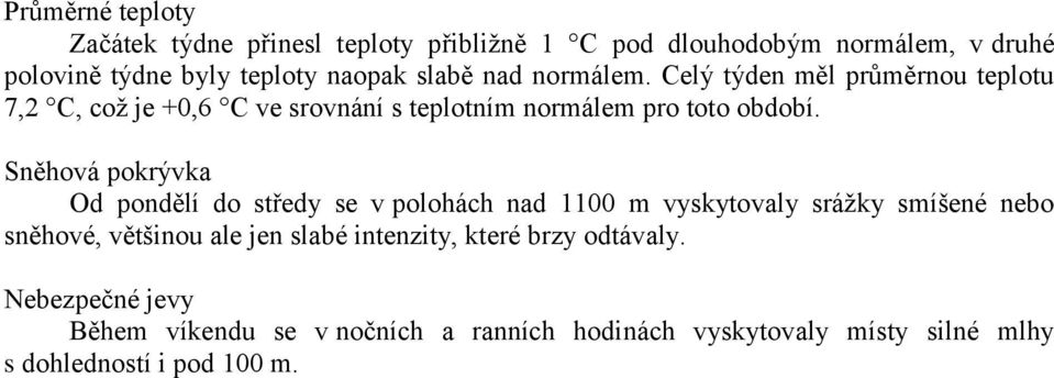 Sněhová pokrývka Od pondělí do středy se v polohách nad 1100 m vyskytovaly srážky smíšené nebo sněhové, většinou ale jen slabé