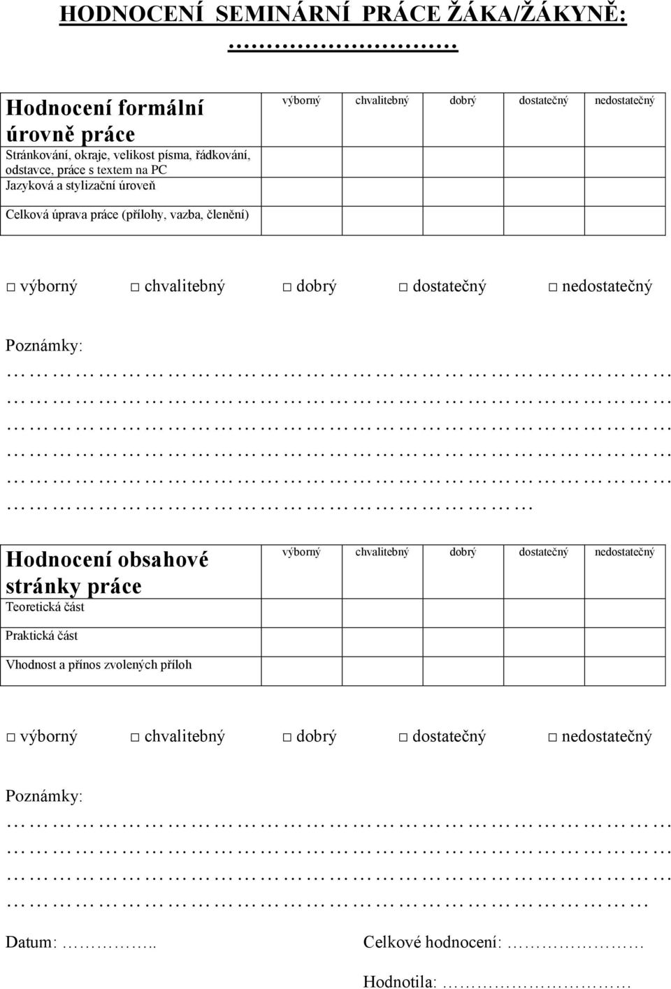 chvalitebný dobrý dostatečný nedostatečný Poznámky: Hodnocení obsahové stránky práce Teoretická část výborný chvalitebný dobrý dostatečný