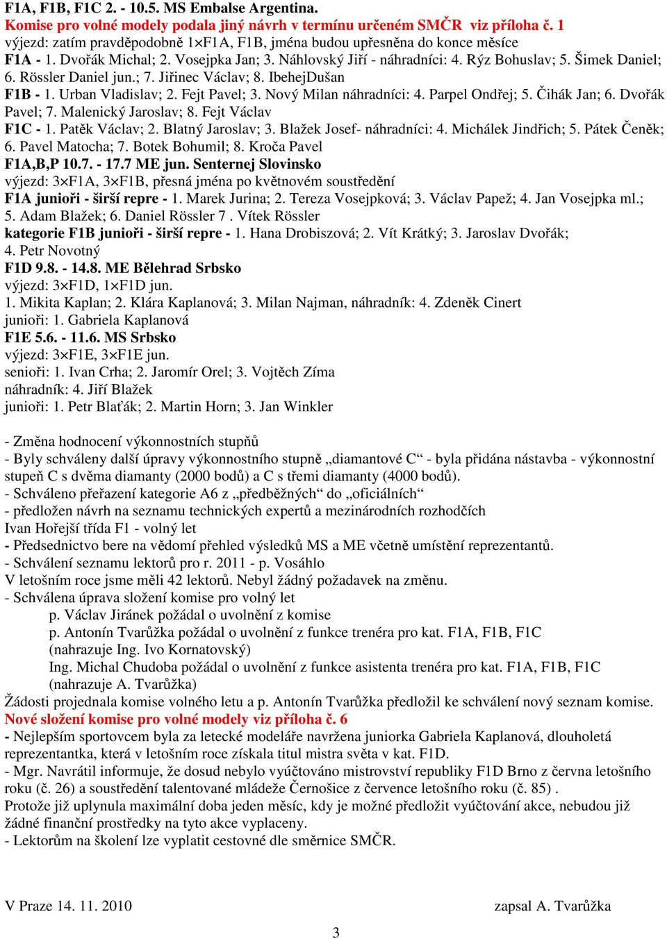 Rössler Daniel jun.; 7. Jiinec Václav; 8. IbehejDušan F1B - 1. Urban Vladislav; 2. Fejt Pavel; 3. Nový Milan náhradníci: 4. Parpel Ondej; 5. ihák Jan; 6. Dvoák Pavel; 7. Malenický Jaroslav; 8.