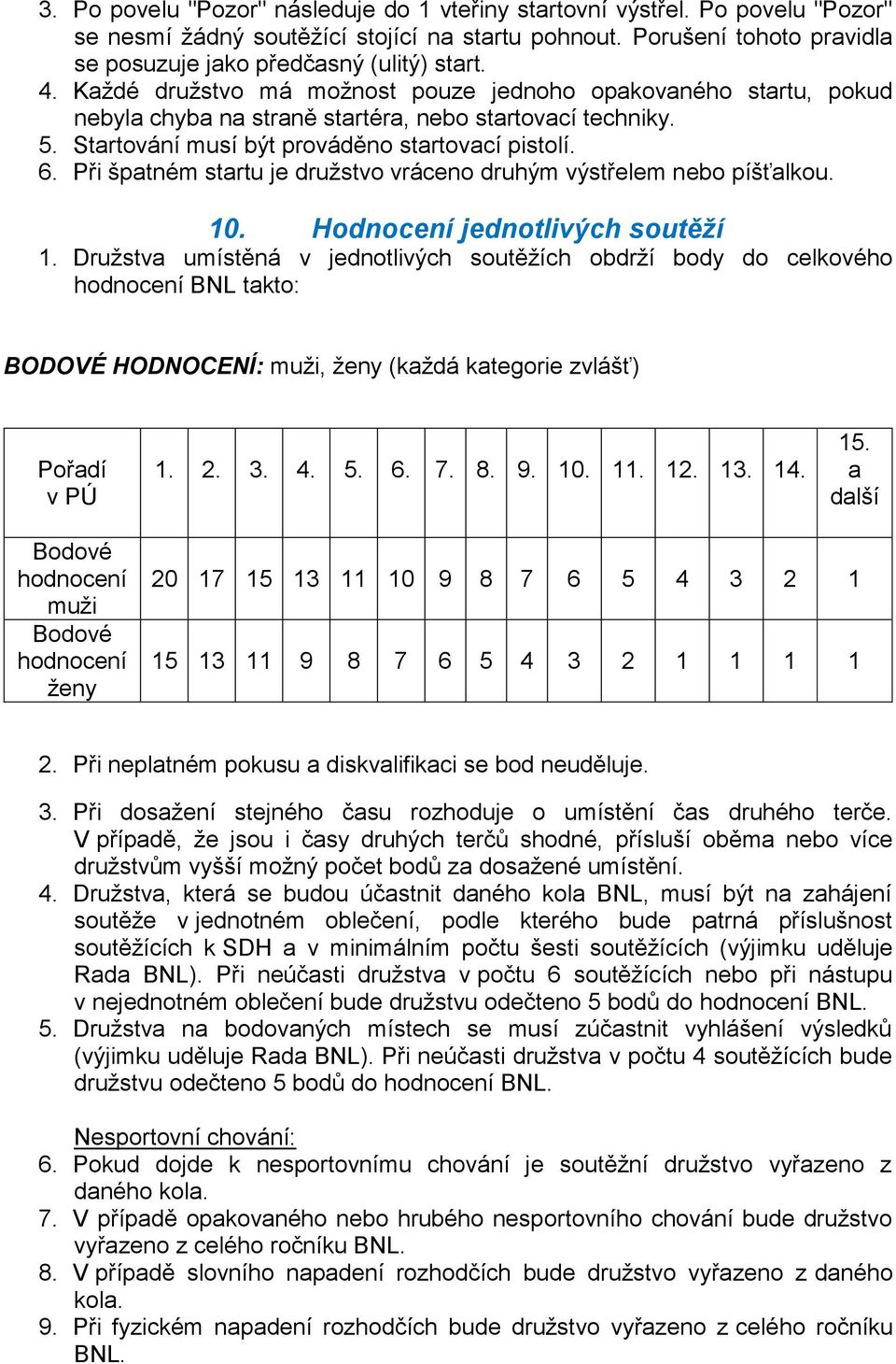 Při špatném startu je družstvo vráceno druhým výstřelem nebo píšťalkou. 10. Hodnocení jednotlivých soutěží 1.