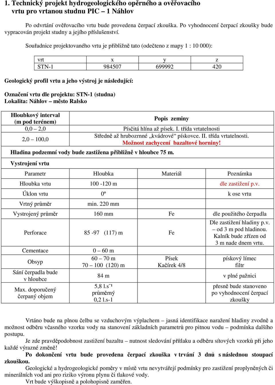 Souřadnice projektovaného vrtu je přibližně tato (odečteno z mapy 1 : 10 000): vrt x y z STN-1 984507 699992 420 Geologický profil vrtu a jeho výstroj je následující: Označení vrtu dle projektu: