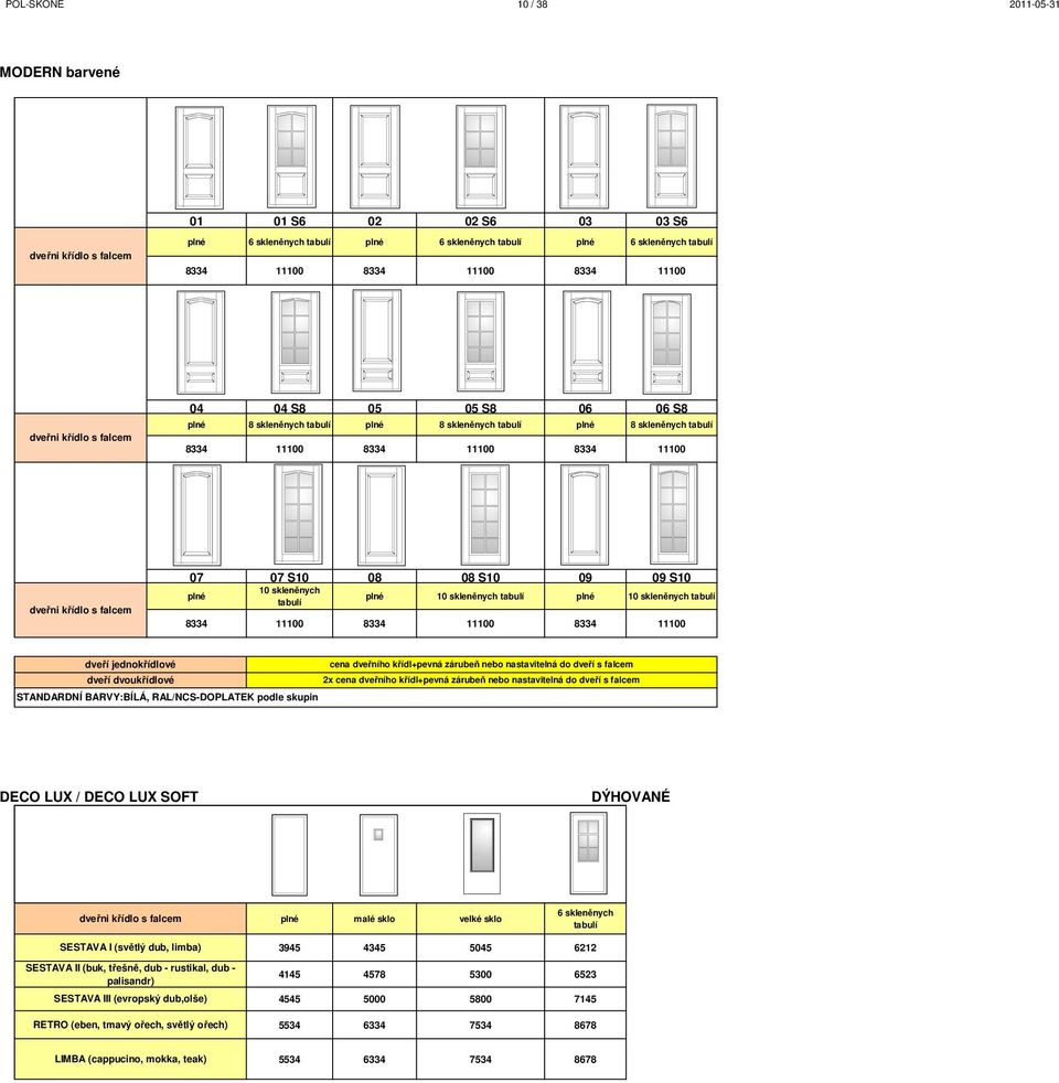 RAL/NCS-DOPLATEK podle skupin DECO LUX / DECO LUX SOFT malé sklo velké sklo 6 skleněnych SESTAVA I (světlý dub, limba) SESTAVA II (buk, třešně, dub - rustikal, dub - palisandr) SESTAVA