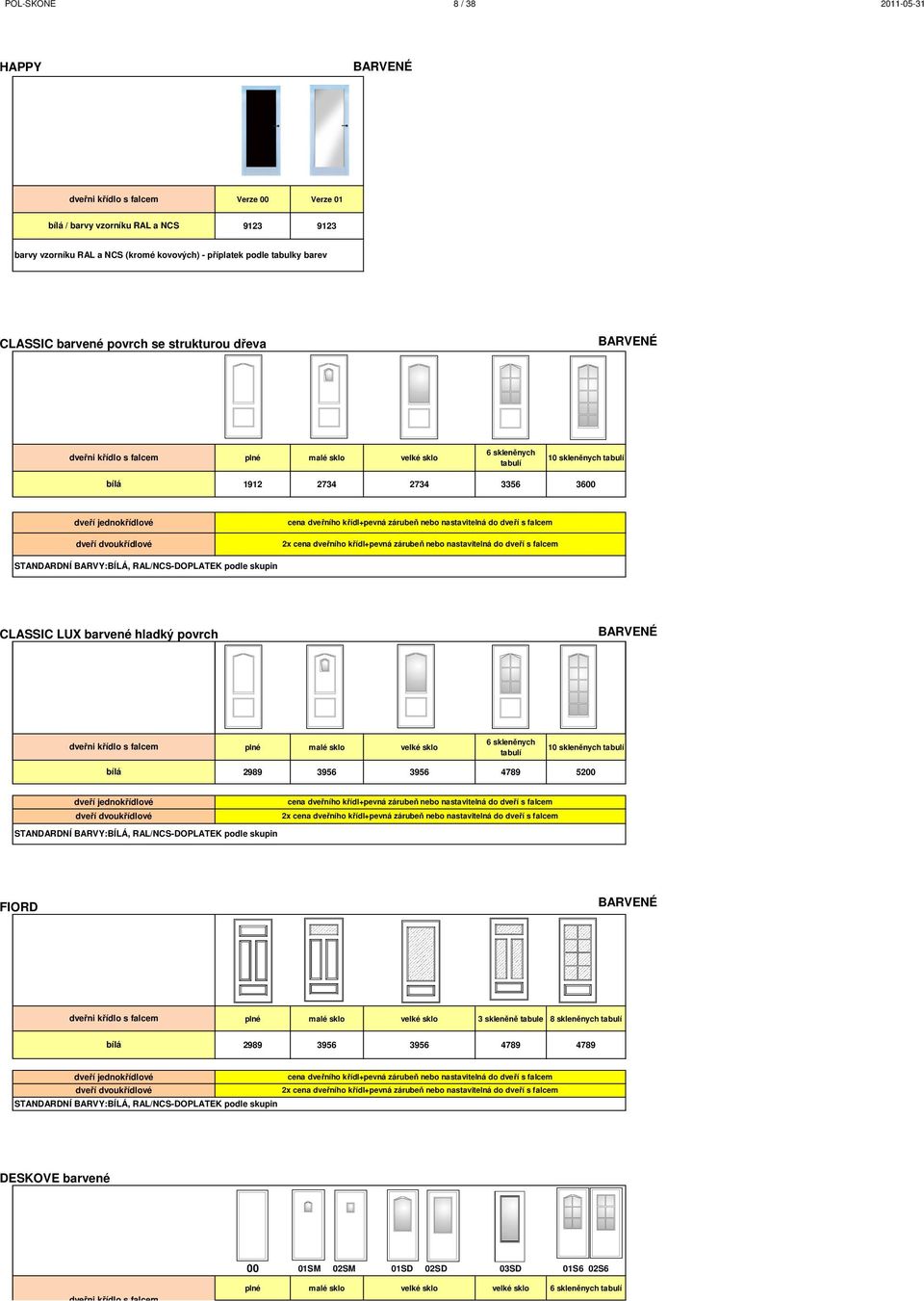 povrch BARVENÉ malé sklo velké sklo 6 skleněnych 10 skleněnych bílá 2989 3956 3956 4789 5200 STANDARDNÍ BARVY:BÍLÁ, RAL/NCS-DOPLATEK podle skupin FIORD BARVENÉ malé sklo velké sklo 3 skleněně