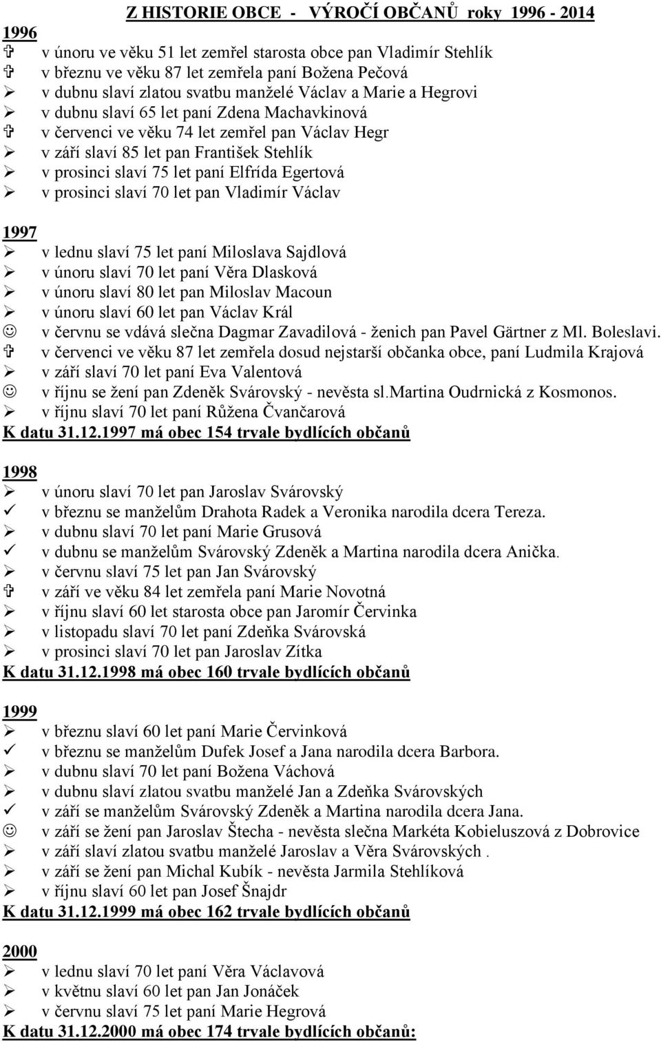 Elfrída Egertová v prosinci slaví 70 let pan Vladimír Václav 1997 v lednu slaví 75 let paní Miloslava Sajdlová v únoru slaví 70 let paní Věra Dlasková v únoru slaví 80 let pan Miloslav Macoun v únoru