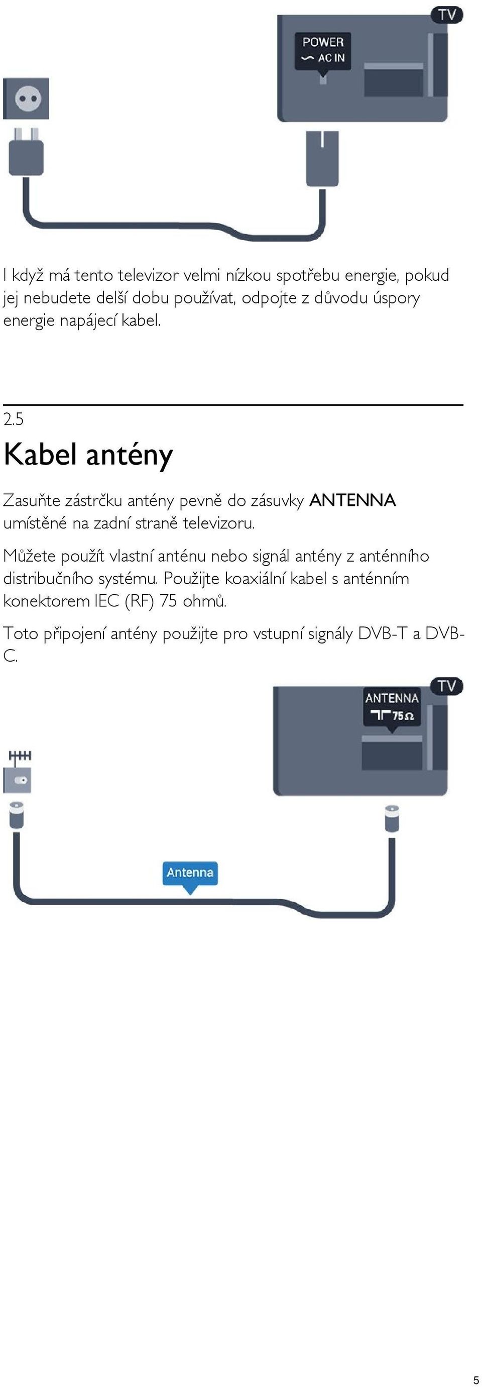 5 Kabel antény Zasuňte zástrčku antény pevně do zásuvky ANTENNA umístěné na zadní straně televizoru.