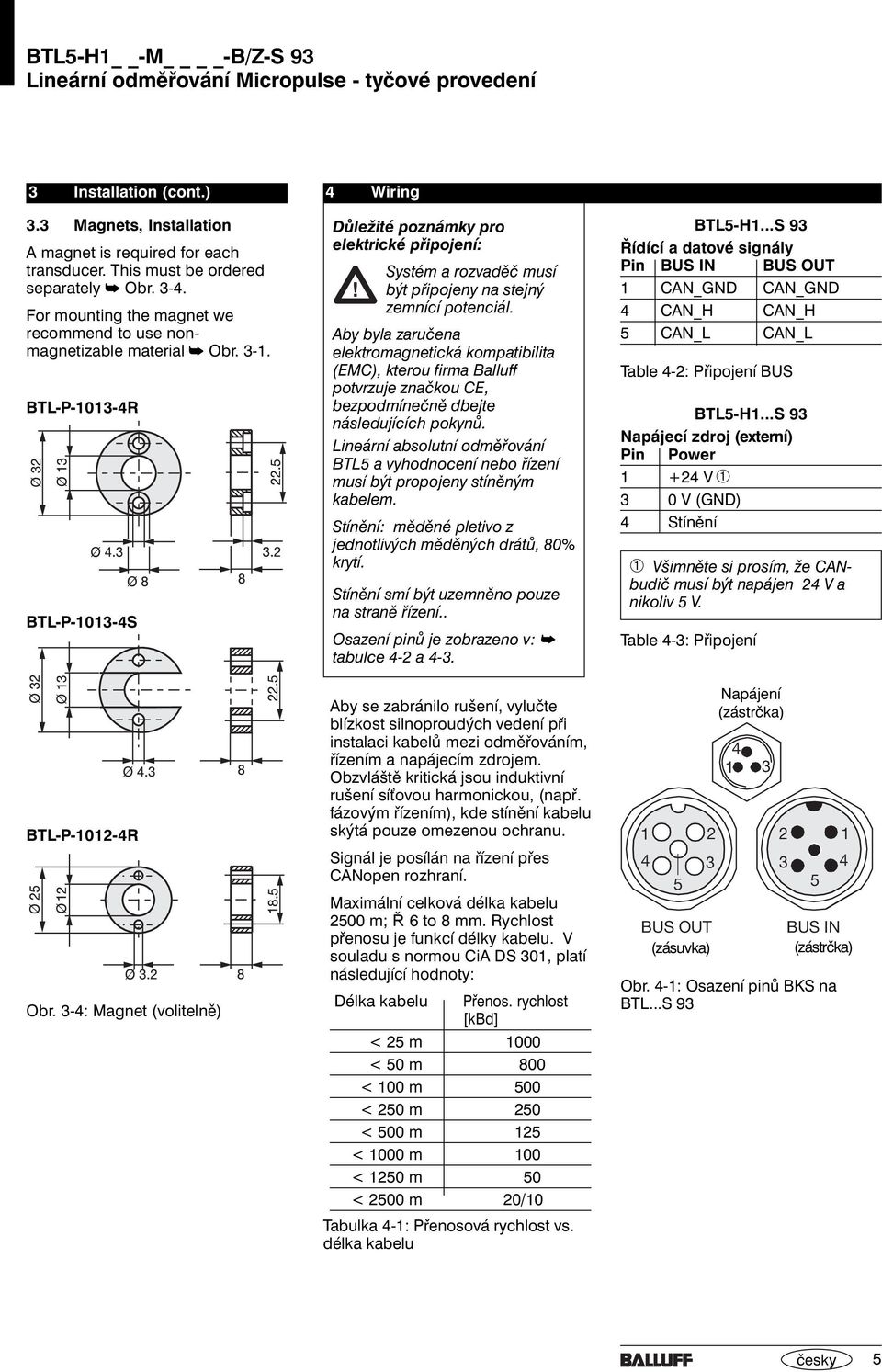 3-4: Magnet (volitelně) 4 Wiring Důležité poznámky pro elektrické připojení: Systém a rozvaděč musí být připojeny na stejný zemnící potenciál.
