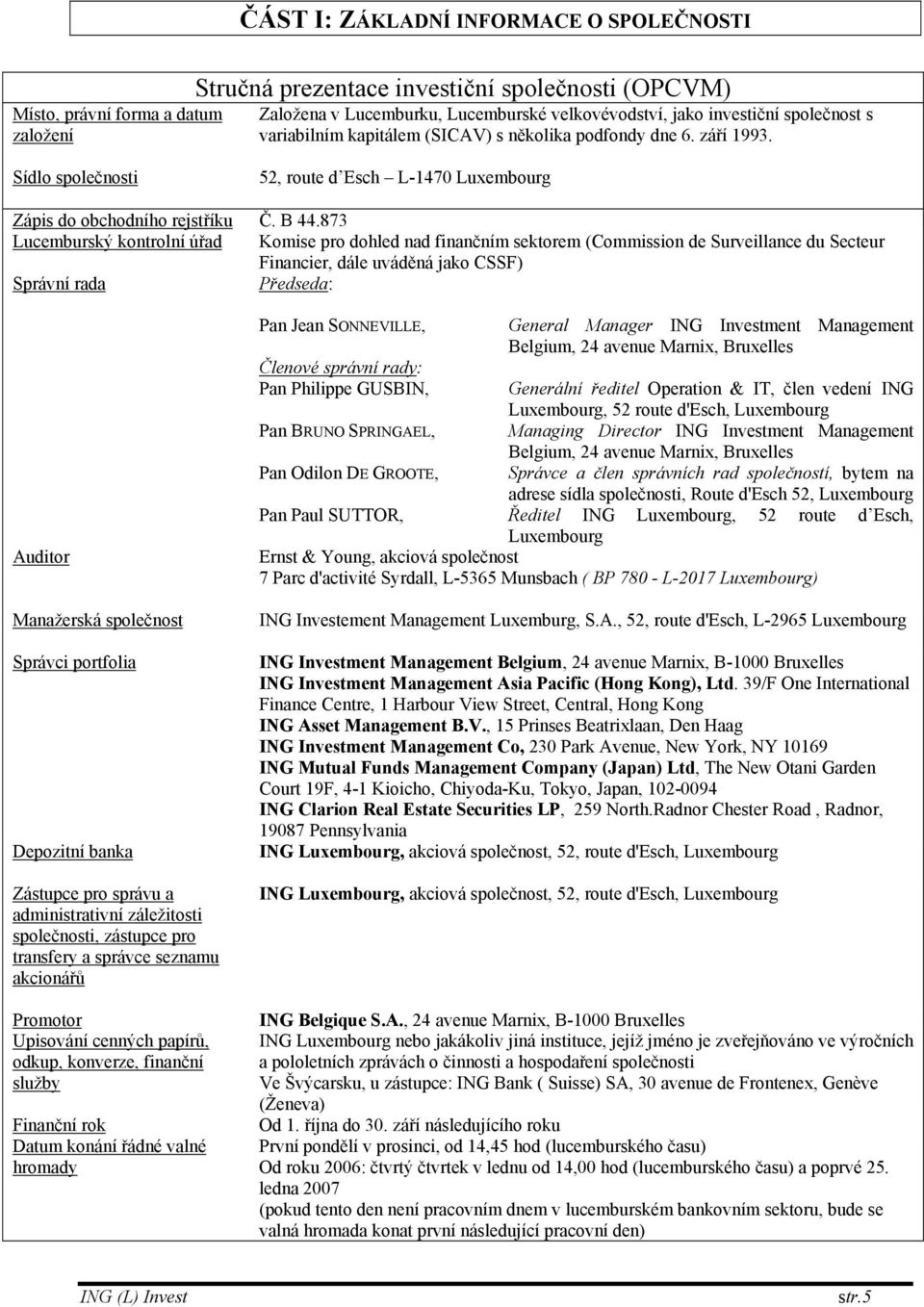 873 Lucemburský kontrolní úřad Komise pro dohled nad finančním sektorem (Commission de Surveillance du Secteur Financier, dále uváděná jako CSSF) Správní rada Předseda: Auditor Manažerská společnost