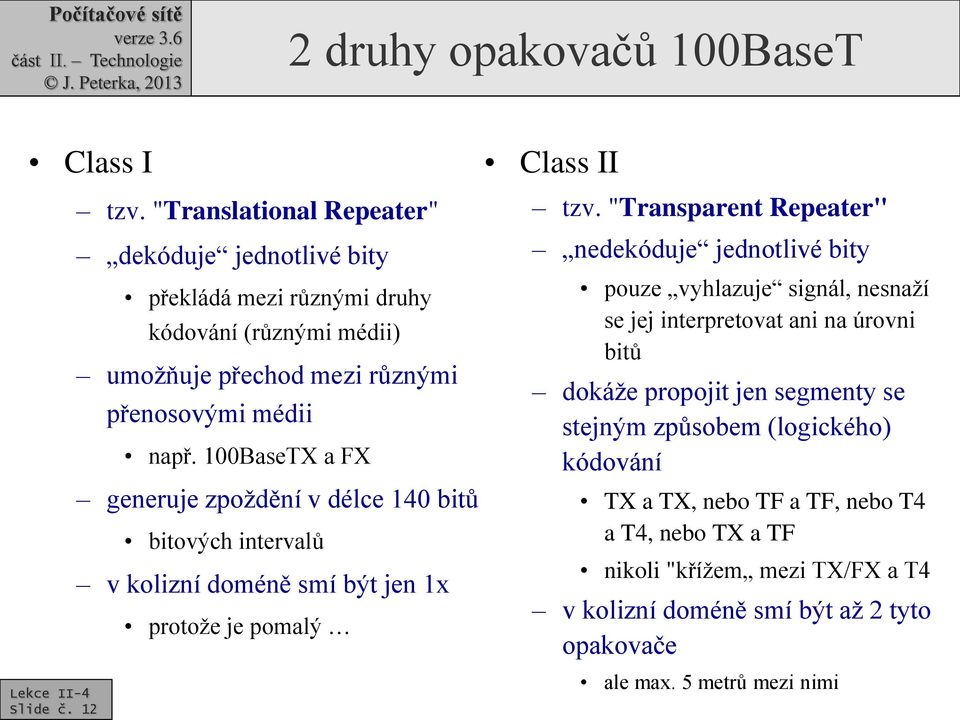 100BaseTX a FX generuje zpoždění v délce 140 bitů bitových intervalů v kolizní doméně smí být jen 1x protože je pomalý tzv.